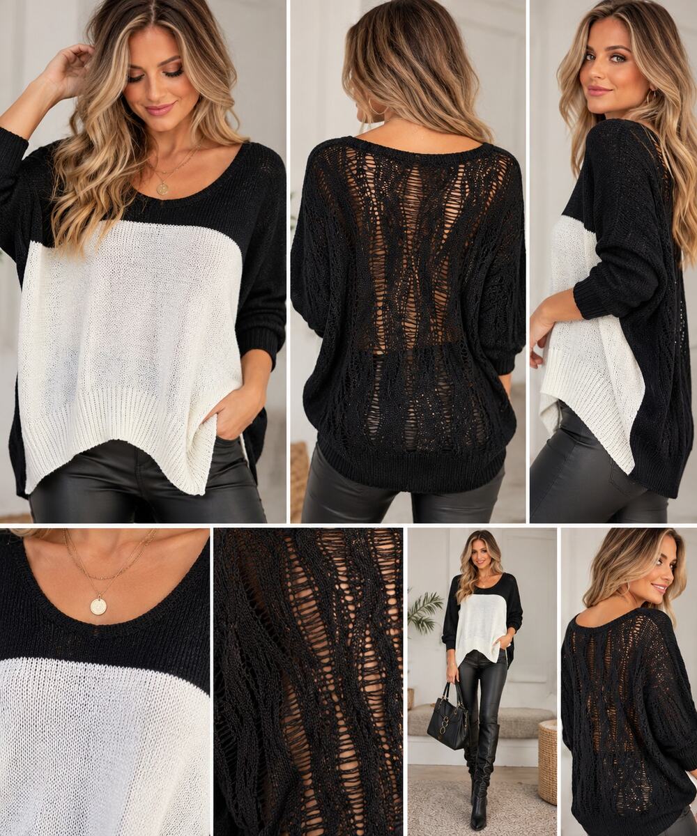 Jeans by Buffalo L Open Knit Sweater Black White Slouchy